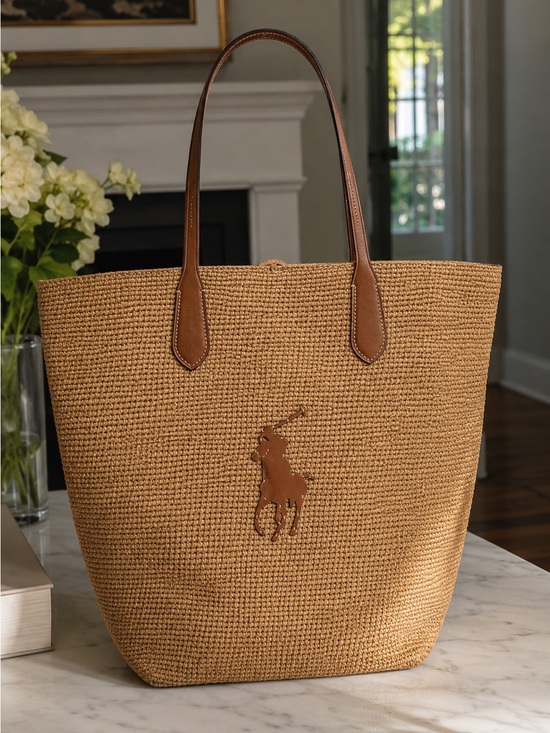 Ralph Lauren Handbags - Ralph Lauren Tan Straw Tote with Brown Leather Polo Emblem